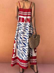 2026 Nuevo vestido de verano para mujer con estampado de peces, tirantes finos y largo medio, estilo retro de mercado casual para vacaciones, corte evasé fluido, patrón de bloques de color rojo, blanco y azul, diseño de cintura alta elástica, adecuado para día de playa, festival de música, salida al campo, vacaciones, picnic, aventura al aire libre, uso diario y moda callejera, estilo bohemio primavera/verano 2026 - Multicolor - Ver 4