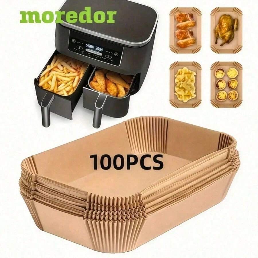 50/100pcs Moroder Non-Stick Disposable Air Fryer Liners - Rectangular, Oil-Proof Waterproof Baking Paper, Suitable For Double-Layer Air Fryers, Great For Frying Fries, Chicken Nuggets, Wings And More. - View 1