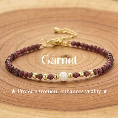 1条3毫米天然石榴石、绿柱石、紫水晶和珍珠精致手链，能量护身石手链，适合女性日常佩戴、叠戴，也是送给情侣和朋友的礼物。