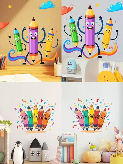 1张彩色铅笔涂鸦装饰贴纸，可移除卧室和教室装饰贴纸，适用于玄关和走廊墙壁、卧室装饰、房间装饰、家居装饰，可移除PVC材质贴纸