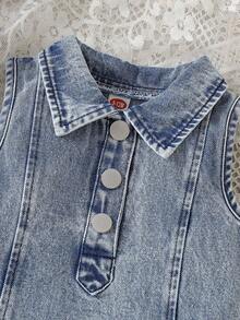 Baby GirlFashionable Casual Cute Half-Open Collar Lapel Sleeveless Denim Dress - Dusty Blue - View 3