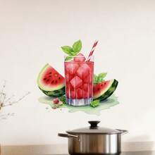 1pc Of Decorative Wall Sticker Featuring Refreshing Watermelon Juice With Fresh Slices And Mint, Ideal For Bedrooms, Kitchens, Restrooms, Living Rooms, And Bathrooms, Self-Adhesive Removable PVC Wall Stickers Are Perfect For Home Decor - A - View 4