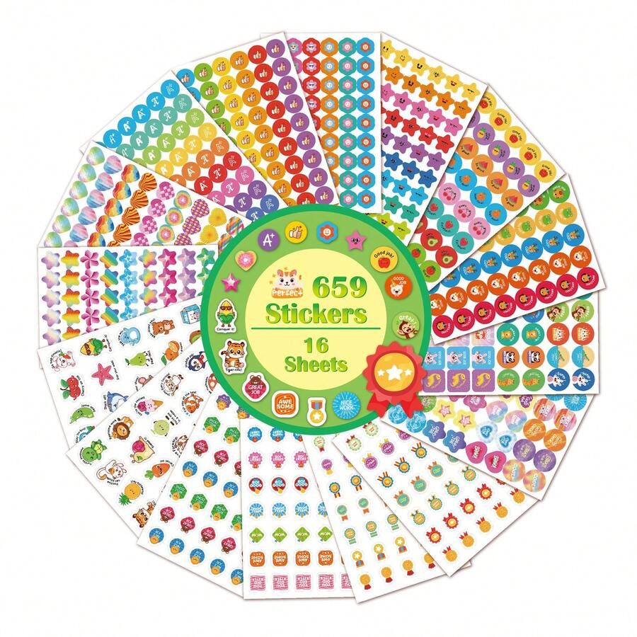16张/套 儿童奖励贴纸 卡通可爱贴纸 老师鼓励学生在课堂上表扬和鼓励贴纸，是鼓励班级的完美礼物。 - 彩色 - 查看 1