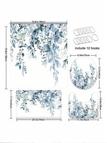 1/4 件套灰蓝色水彩桉树垂花图案浴帘浴室套装，波西米亚自然托斯卡纳风格浴帘，防水耐用，浴室装饰及配件，包含 12 个挂钩 - 马桶座套，浴垫和地毯，涤纶面料 - 可水洗 - 适合节日装饰、家居/卧室/住宅/西式/春夏装饰。 - 植物[13] - 查看 4