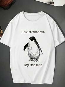 OVERSIZED Penguin Graphic Tee I Exist Without My Consent Street Hip-Hop, Breathable, Art Print - White - View 2