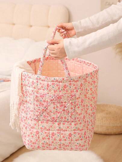 Country Style Quilted Floral Pattern Storage Basket With Handle Large Capacity Laundry Basket Floral Clothing Storage Basket Fashion Laundry Basket Storage Bag Foldable Snack Basket With Handle Skincare Tool Storage Basket Toy Storage Basket Empty Basket Storage Bag, Multi-Functional Storage Basket Cosmetic Organizer Home Decor Living Room Bedroom Decor Bathroom Decor Storage Bathroom Laundry Towels