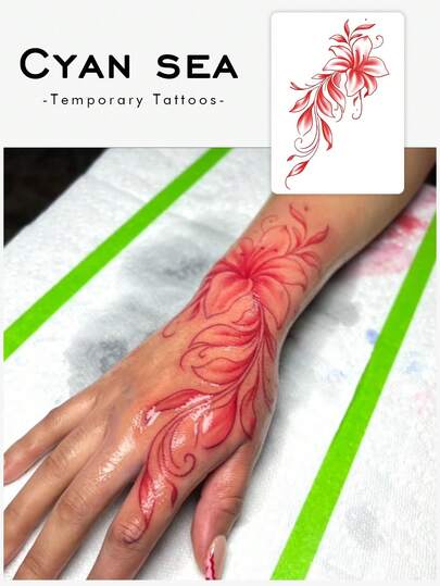 Washable, Waterproof, Sweatproof, Non-Reflective Temporary Tattoo Sticker, Y2K Red Premium Lily Flower Hand Tattoo, Fashionable And Cool, Suitable For Individuals, Lasts 3-5 Days.