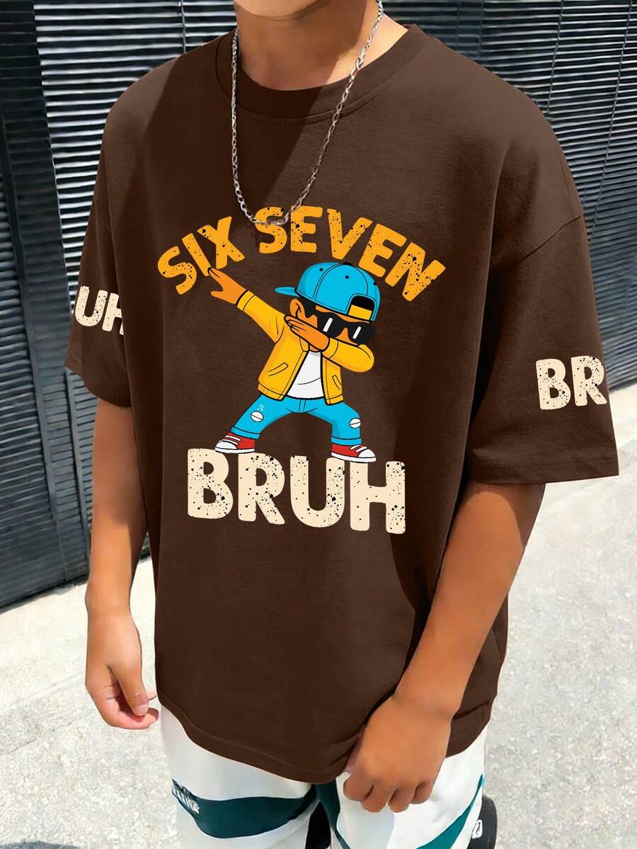 青少年男童休闲彩色“Bruh”字母和酷炫男孩图案圆领短袖T恤，新款春夏男童图案T恤 - 棕色 - 查看 1