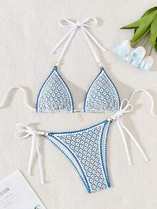 Women's Beach Summer Outfit, Hollow Fabric Blue & Pearl Decorated Bikini - Blue and White - 查看 7