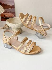 时尚金属色女童高跟凉鞋 | 透明粗跟，适合特殊场合 - 金色 - 查看 7