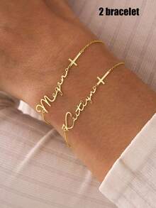 Customized Women's Personalized Name Bracelet, 304L Stainless Steel Nameplate, Mini Cross Charm Bracelet, Christmas Gift Suitable For Mom, Wife, Valentine's Day, Anniversary - 3 Gold Pieces - View 6