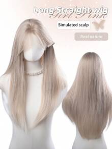 28-Inch Long Synthetic Wig Featuring A Natural Straight Style A Stunning Gold. Designed With Bangs , It Is Crafted From Heat-Resistant Fiber To Ensure Durability. This False Hairpiece Is Perfect For Daily Use, Offering A Natural And Realistic Appearance That Mimics Real Human Hair - Gold - View 1