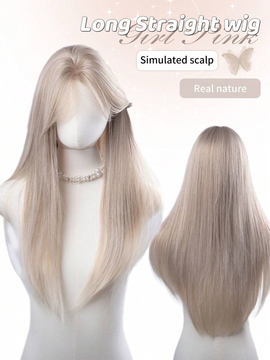28-Inch Long Synthetic Wig Featuring A Natural Straight Style A Stunning Gold. Designed With Bangs , It Is Crafted From Heat-Resistant Fiber To Ensure Durability. This False Hairpiece Is Perfect For Daily Use, Offering A Natural And Realistic Appearance That Mimics Real Human Hair - Gold - View 1