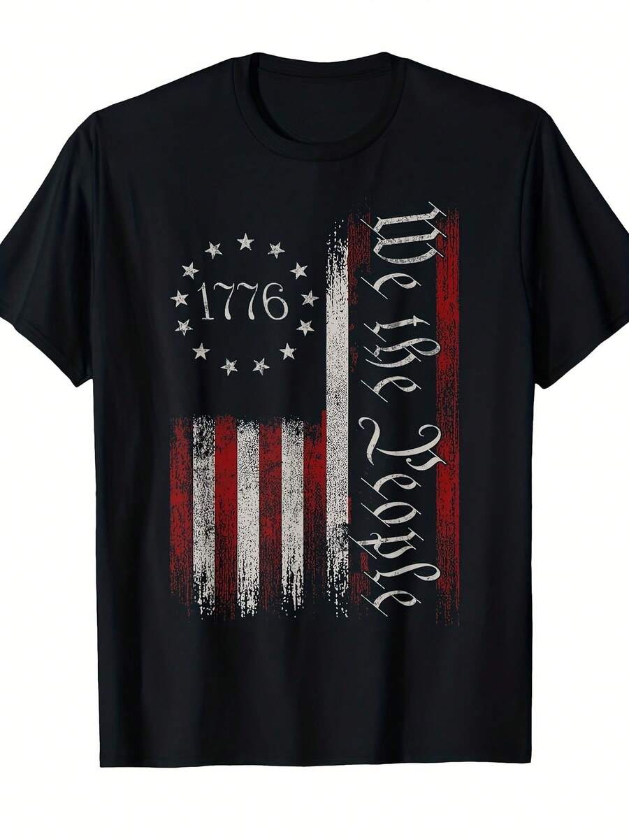 Vintage 1776 We The People USA Patriotic T-Shirt - Distressed American Flag Graphic Tee With Stars & Stripes, Unisex Comfort Fit Short Sleeve Shirt For Men & Women, Casual Casual Attire, 4th Of July Apparel, All-Season Comfort - 黑色 - 查看 1