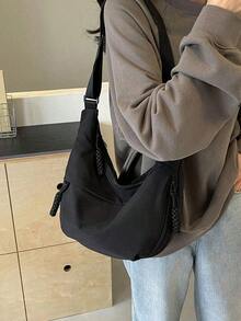 Fashionable Yellow Nylon Waterproof Shoulder Bag With Simple & Casual College Style, Wide Strap, Multiple Zipper Design Suitable For Students, Shopping, Daily Use, Shoulder Bag For School - màu đen - Xem 7