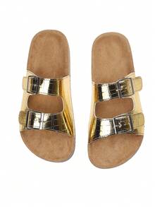 1 Pair Gold Buckle Flat Sandals, Suitable For Summer Vacation - Gold - View 8