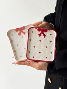 1pc/4pcs Pink Heart & Bow Ceramic Plate, Cute Hand-Painted Heart Ceramic Plate/Snack Dish/Trinket Tray, Korean Ins Style - Multicolor - View 11
