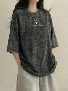 Japanese Style Women's Loose Fit Round Neck Fashionable Versatile Letter Print Tie-Dye Short Sleeve T-Shirt, Spring/Summer Casual - Black - View 2