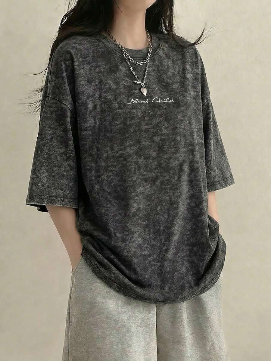 日系女式宽松圆领时尚百搭字母印花扎染短袖T恤，春夏休闲款 - 黑色 - 查看 1