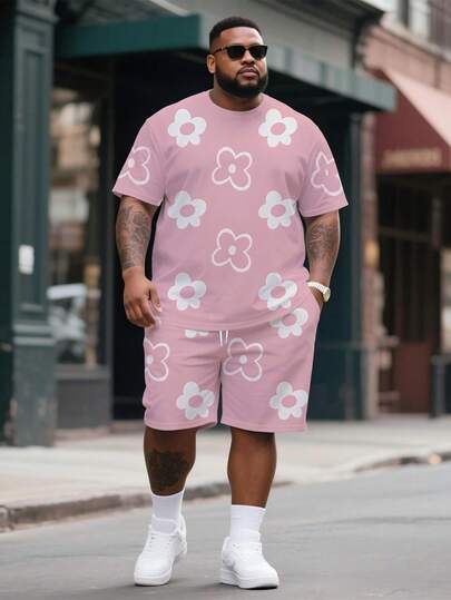 Ensemble floral rose grande taille pour hommes, Top à manches courtes ample et shorts, tenue d'été fraîche en 2 pièces