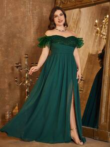 SUPGIR V-Neck Strapless Dress With Ruffle Sleeves, Waist Pleats, Luxury Beaded Patchwork Flared Skirt, Party Occasion Dress - Dark Green - View 5