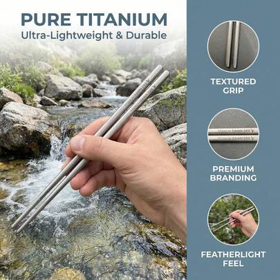 Bộ đũa ăn dã ngoại bằng titan chống trượt, siêu nhẹ, di động, dài 230mm, rỗng ruột, thích hợp cho hoạt động ngoài trời, leo núi, đi bộ đường dài.