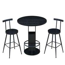 3-Piece Bar Table And Stool Set: 80cm Round Table With Two Stools, Wooden Dining Table With Metal Ring-Shaped Footrests. Ideal For Dining Rooms, Cafes, Bars, Living Rooms, Etc. - Black - View 3