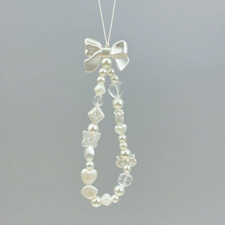 Cute Bowknot Faux Pearl Beaded 1pc Cute Bowknot Phone Lanyard, Short Camera Strap, Ins Style Multi-Element Charms Spring Gift - White - View 1