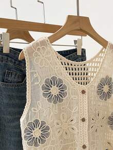 女士夏季波西米亚海滩度假风花卉刺绣V领纽扣前开襟背心 - 杏色 - 查看 6