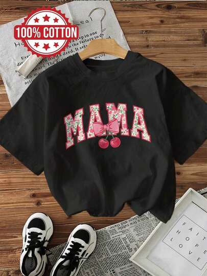 Camiseta Casual de Manga Corta con Cuello Redondo para Mujer - Estampado Gráfico Floral de Cerezas "MAMA", Diseño Negro con Rosa y Rojo, Corte Holgado para Primavera y Verano, Camisetas para Damas, Camiseta Cómoda de Algodón Antiarrugas