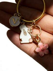 Customizable Initial Spring Sakura Set Keychain, Pink Flower Rabbit Pendant, Forest Fairy Style Keyring, Unisex Car Key Chain For Daily And Holiday Accessories - White Rabbit + Pink Flower - View 10
