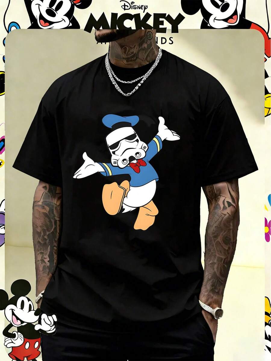 Disney Officially Licensed Donald Duck X  Stormtrooper Graphic 220g 100% Cotton T-Shirt, Unisex Regular Fit Casual Streetwear - 黑色 - 查看 1