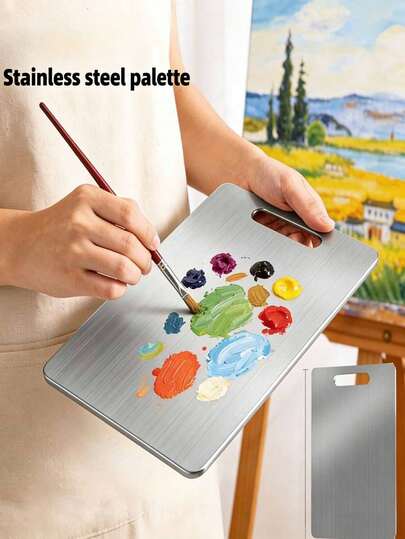 1 pieza Paleta de pintura extra grande de acero inoxidable, suministros de arte. Hecha de acero inoxidable, fácil de limpiar, duradera y portátil. El tamaño extra grande proporciona un amplio espacio, adecuado para uso doméstico y escolar. Un gran regalo para amigos.