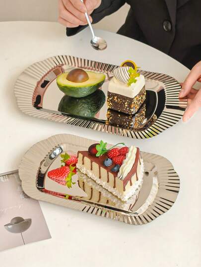 1pc European Rectangular Stainless Steel Striped Rim Tray, Afternoon Tea Cake Fruit Plate, Dessert Dish, Household Dining Serving Platter