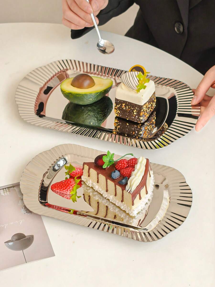 1件套欧式长方形不锈钢条纹边托盘，下午茶蛋糕水果盘，甜点盘，家用餐桌托盘 - 銀色 - 查看 1