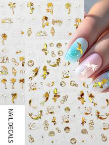 12片装烫金激光金色海洋系列美甲贴纸 3D夏季海星贝壳海螺美甲贴花 Y2K美人鱼美甲用品美甲滑块 - 彩色 - 查看 9