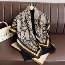 1条90x90厘米方形真丝方巾，女士斜纹缎面佩斯利花纹和腰果花复古图案，可用作领巾、头巾、时尚配饰、披肩、围巾 - 彩色 - 查看 1