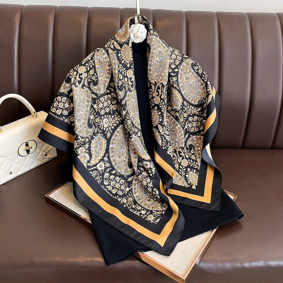 1条90x90厘米方形真丝方巾，女士斜纹缎面佩斯利花纹和腰果花复古图案，可用作领巾、头巾、时尚配饰、披肩、围巾 - 彩色 - 查看 1