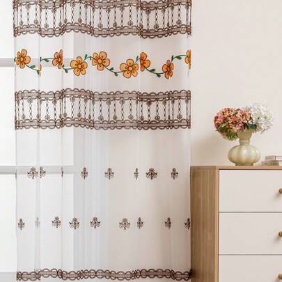 1件美式乡村风格撞色刺绣薄纱窗帘
