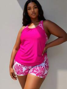 Plus Size, Fuchsia, Round Neck, Two-Piece Swimsuits For Woman Set, For The Beach. - Hot Pink - View 1