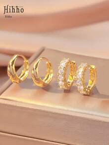 Hihho 2 pares de pendientes de aro redondos geométricos huecos vintage con incrustaciones de circonita de cobre, combinados con pendientes clásicos de oro brillante de una sola hilera con circonita, pendientes decorativos, regalo para mujer. - pendientes - Ver 10