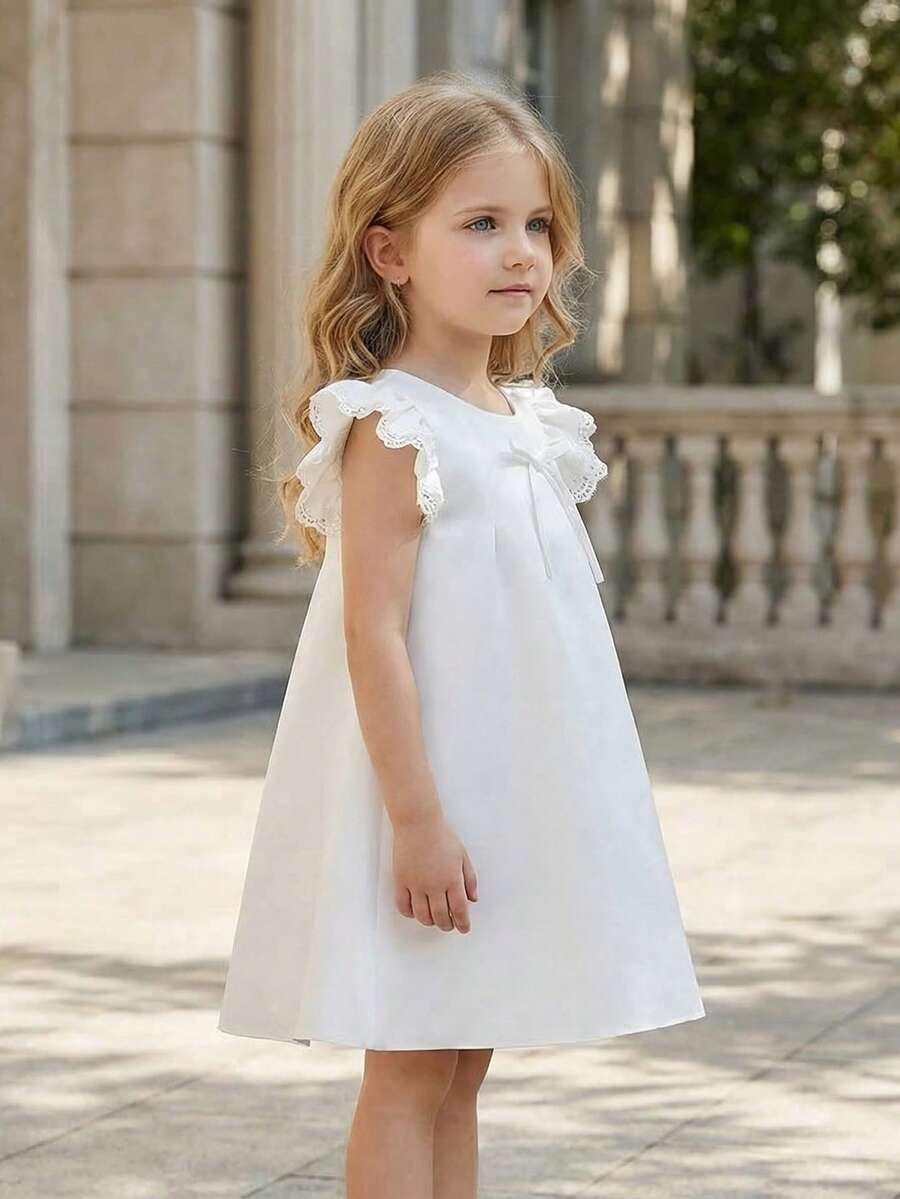Đầm satin tay ngắn thanh lịch cho bé gái, trang trí nơ, đầm công chúa màu trắng thích hợp cho bé gái dự đám cưới, tiệc sinh nhật, các dịp trang trọng, phù hợp cho tiệc chiêu đãi, dạ hội, lễ hội. - trắng - Xem 1