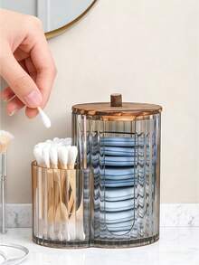 2-In-1 Bamboo Lid Cotton Swab Box, Makeup Remover Pad & Puff Dual Compartment Storage Box With Cover, Dust-Proof - Multicolor - View 1