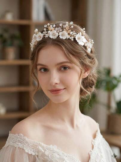 1pc Elegant Floral & Faux Pearl Crystal Headband, Gold Leaf Handmade Bridal Wedding Party Hair Accessory