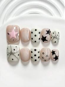 10pcs Silver Polka Dot Glitter Manicure Set, Including Gel Nail Kit, Black Polka Dots, Pink Stars, Black Stars, Silver Stars Nail Decorations, White Nail Polish, Dark Silver Nail Polish, With Manicure Tools (1 Jelly Sticker + 1 Nail File), Suitable For Square, Short Square, Almond Nails, Suitable For Daily, Party, Spring/Summer, Work, Party, Photo Shoot, Etc. - 彩色 - 查看 17