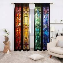 2pcs 2D Retro Colorful Flat Curtains - Blackout Polyester Fabric Curtains, Bright Floral & Geometric Pattern Curtains, Machine Washable, Rod Pocket Design, Suitable For Bedroom And Living Room Decor, Modern Style, Easy Care Fabric - Multicolor - View 2