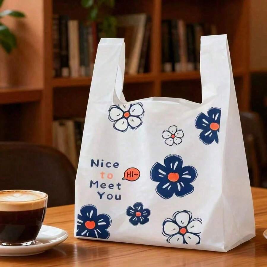 1/50/100 chiếc Túi tote nhựa họa tiết hoa "Rất vui được gặp bạn" - Dày dặn và chắc chắn, lý tưởng cho sử dụng hàng ngày, lễ hội, tiệc tùng, mua sắm, làm quà tặng, lưu trữ, doanh nghiệp nhỏ, cửa hàng tạp hóa, tiệm bánh. - Nhiều kiểu dáng/màu sắc - Xem 1