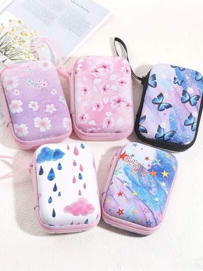 可爱印花收纳袋，耳机袋，数据线整理袋，方形硬壳拉链，浪漫创意