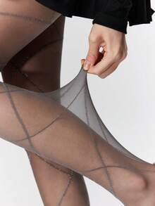1 Pair Black/White/Beige/Grey Thin Metallic Criss-Cross Fishnet Stockings, Sexy For Spring/Summer - Multicolor - View 4