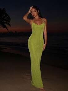 Solid Color Shoulder Knit Backless Fitted Cocktail Dress, Evening Gown, Suitable For Formal Dinners, Parties, Vacations And Other Occasions Party Spring Wedding - Green - View 5